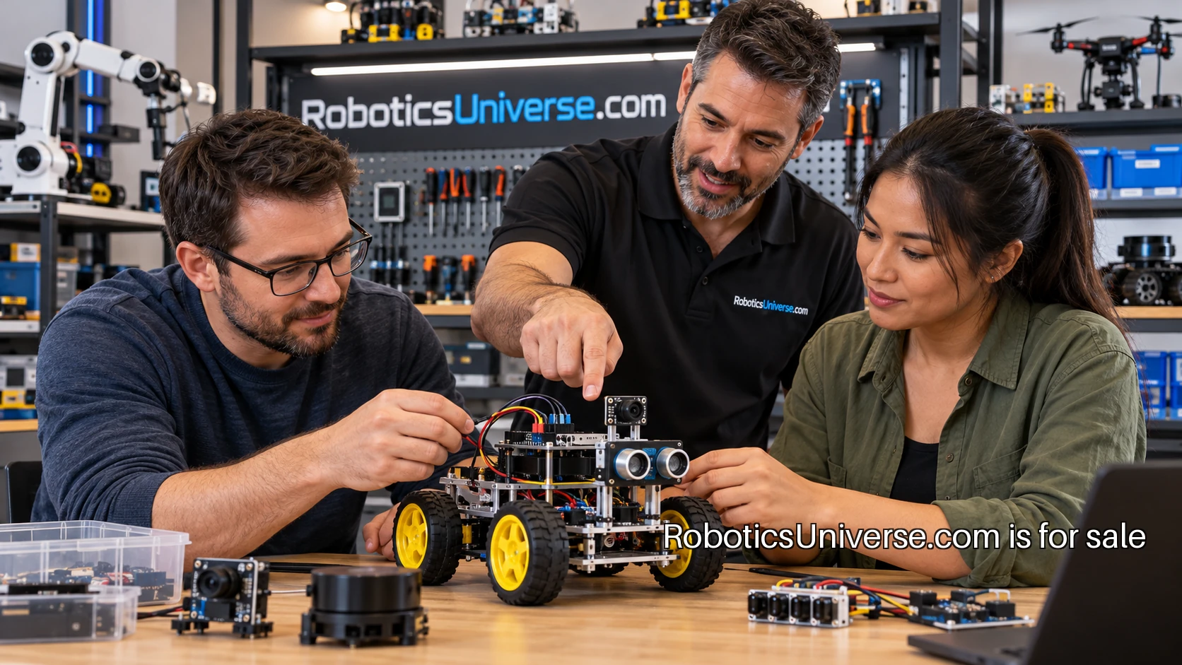 An adult learner testing a robot on a laboratory workbench